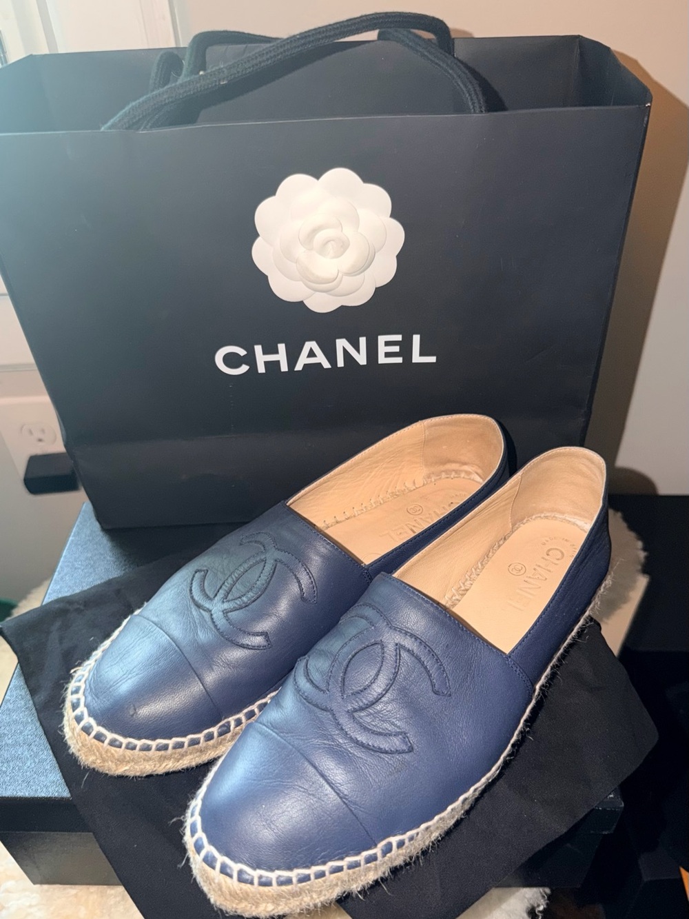 CHANEL Navy Blue Leather Espadrille Flats - Picture 1 of 5
